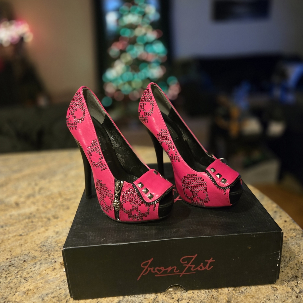 Iron Fist Pink Skull Peep Toe Heels